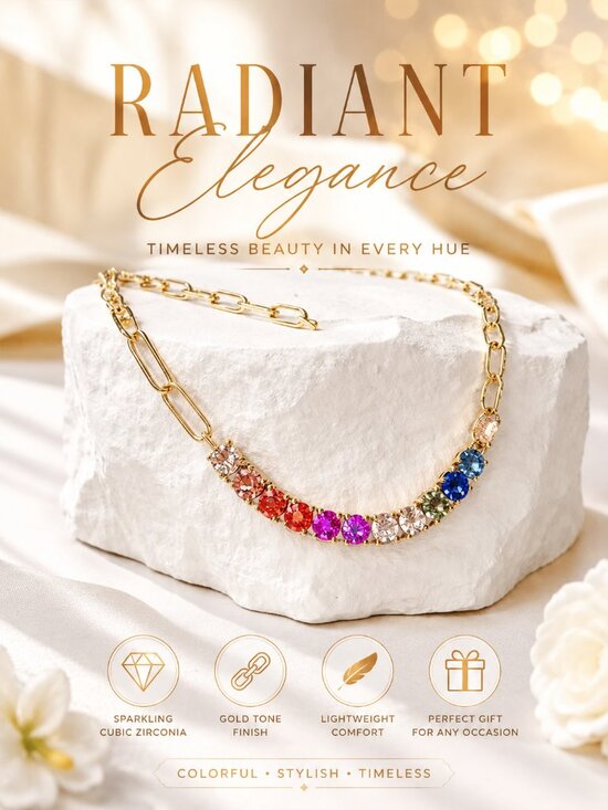 Jewelry - Rainbow Crystal Necklace | Gold Tone Multicolor CZ Statement Necklace
